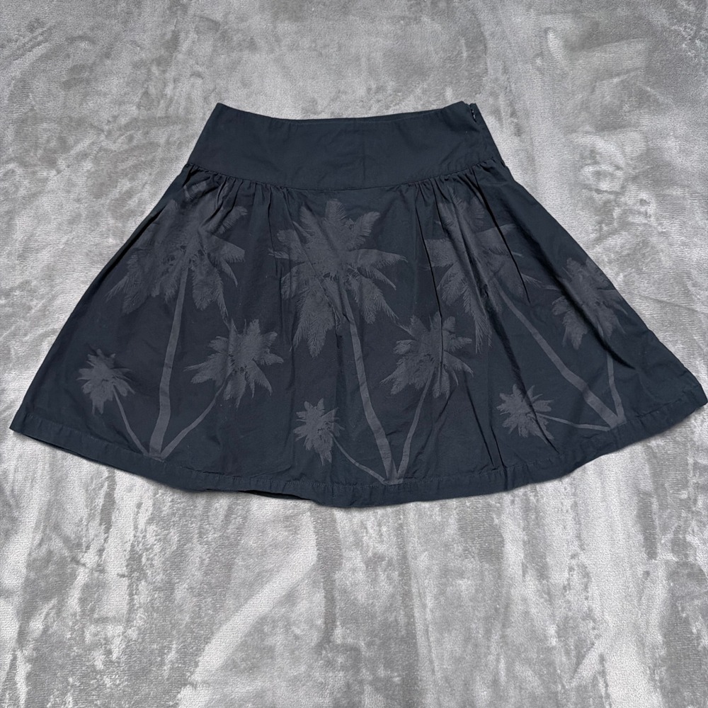 Norma Kamali Palm Tree Print Skirt Womens 4 Black Cotton Tropical Summer Mini